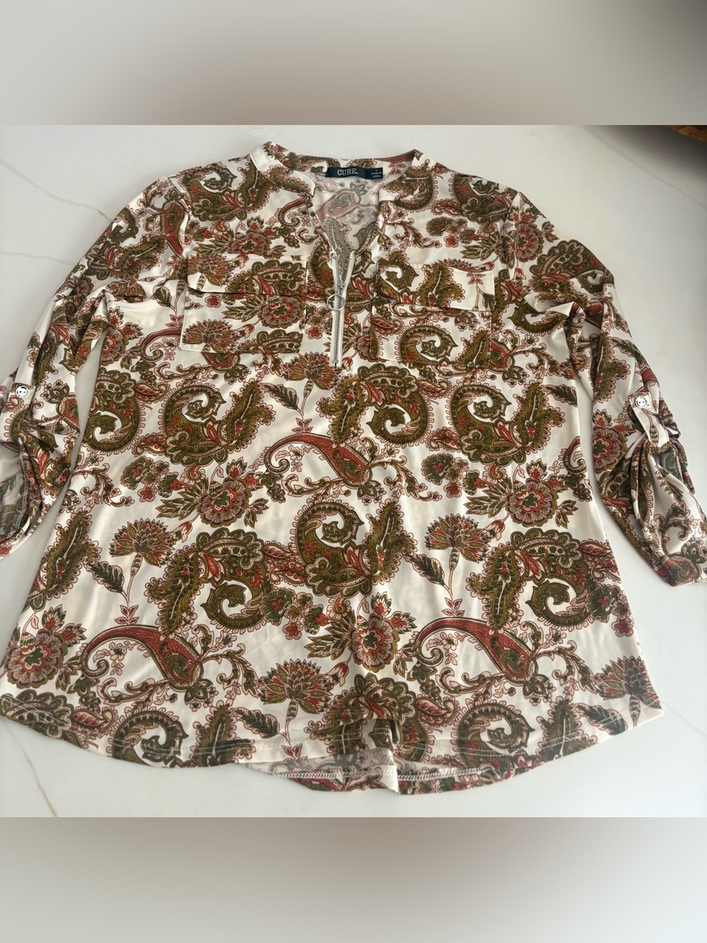 Cure Cream Paisley Zip-Front Blouse with Olive & Rust Accents